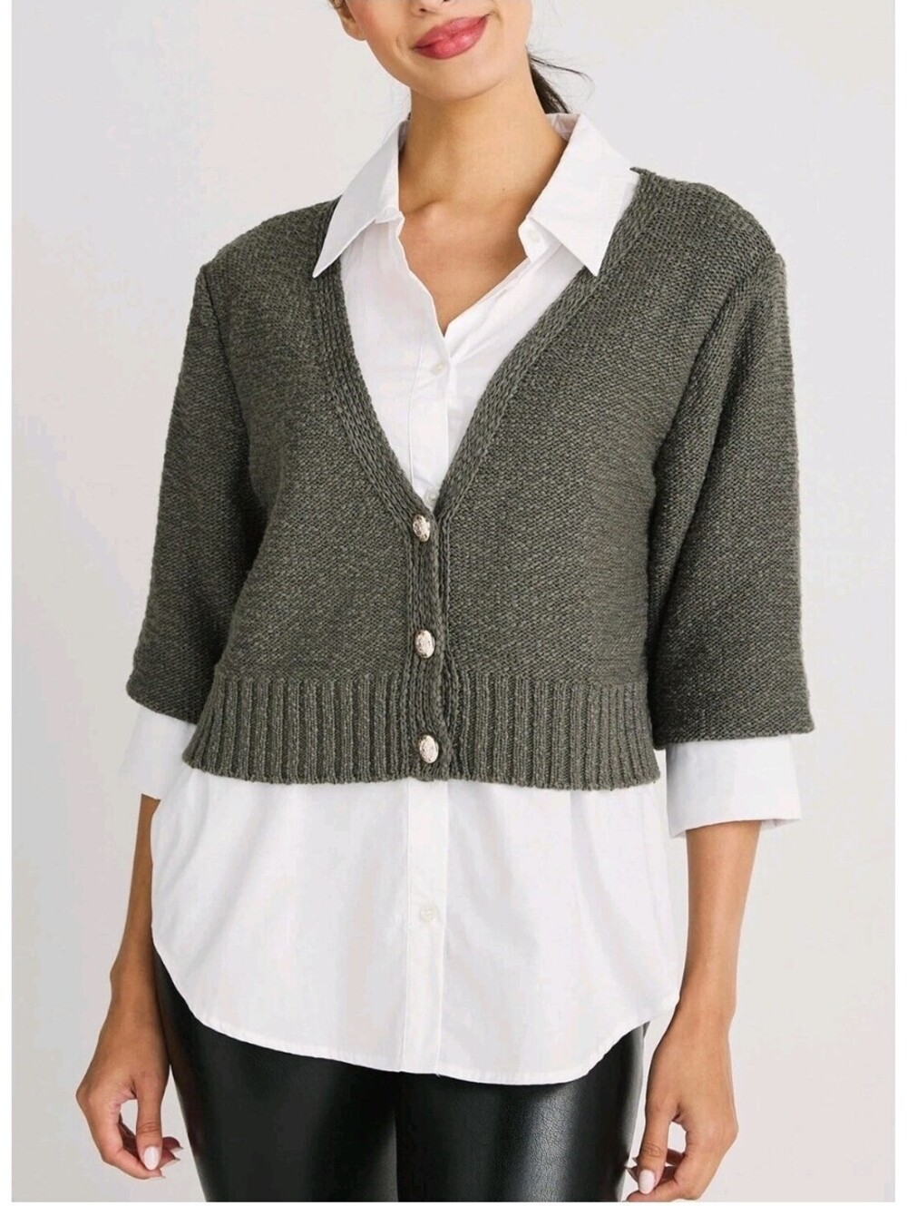 ELAN Heidi Sweater Blouse Top Combo Women's M Wht Gry Cotton Blend Career Preppy